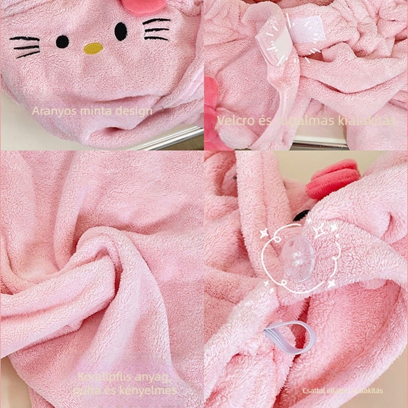Cartoon macska mintás korall fleece fürdőköntös hajszárító sapkával, uniszex, 350 g, 91–95% poliészter