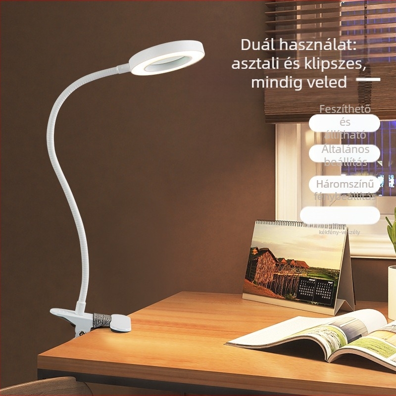 5x nagyítású asztali lámpa USB-tápegységgel, fém clamp, 360°-ban forgatható hajlékony cső, háromszínű világítás és 10 fényerő-szint