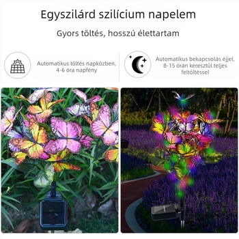 Napelemes pillangó kertvilágítás földbe szúrt tartóval, LED, IP65, 1W, 6–12 órás üzemidő, virág alakú
