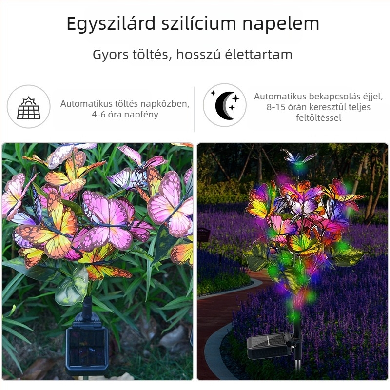 Napelemes pillangó kertvilágítás földbe szúrt tartóval, LED, IP65, 1W, 6–12 órás üzemidő, virág alakú