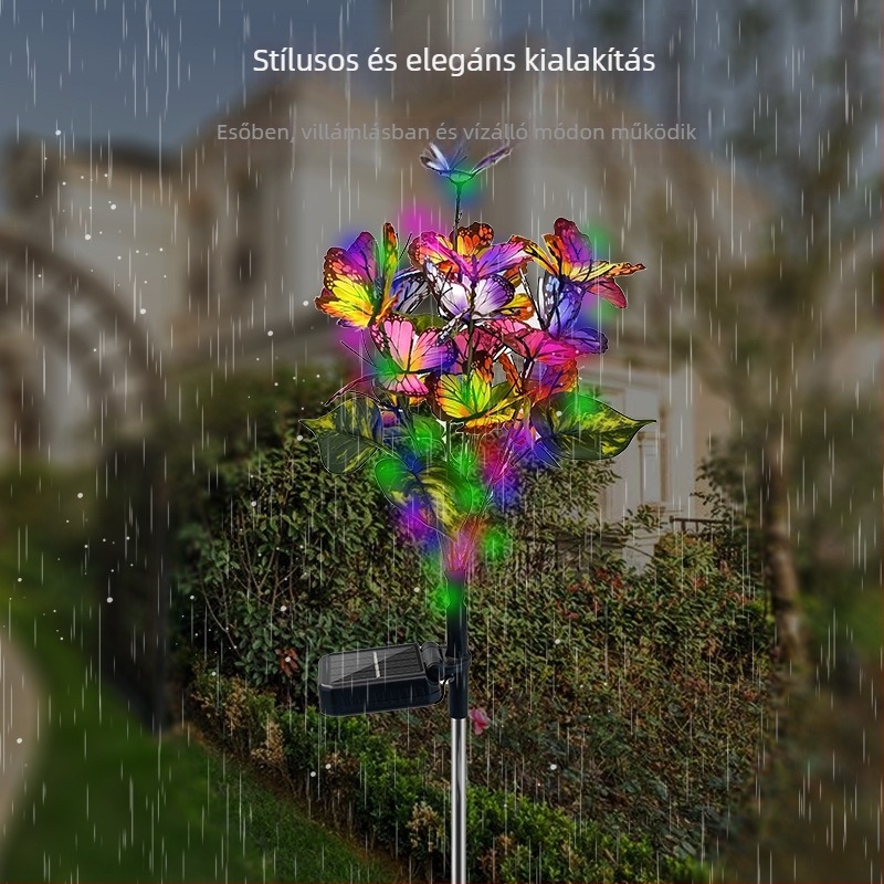 Napelemes pillangó kertvilágítás földbe szúrt tartóval, LED, IP65, 1W, 6–12 órás üzemidő, virág alakú