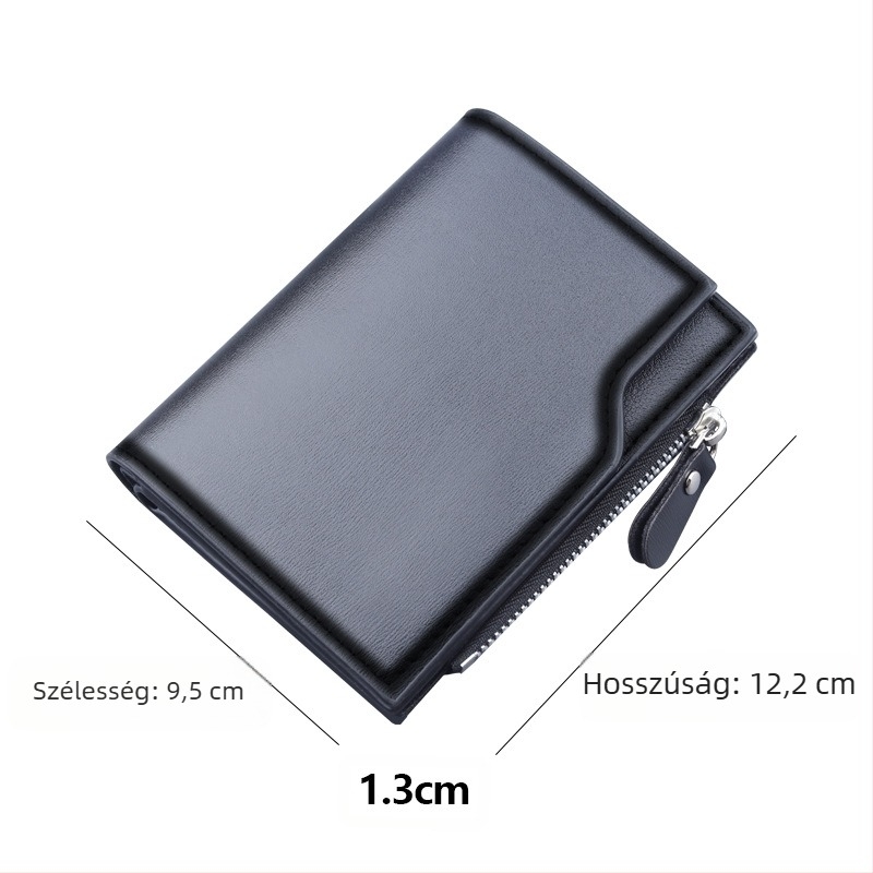 Férfi kis pénztárca háromoldalas kialakítással, 13 kártyatartó, cipzáras aprópénztárca, PU bőr, könnyű