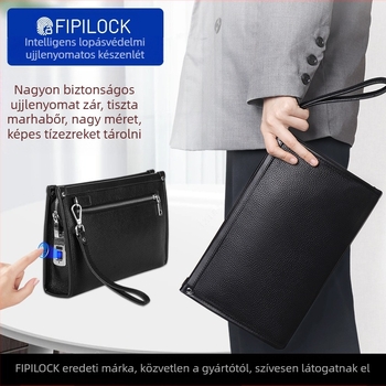 Férfi bőrös clutch táska nagy kapacitású ujjlenyomat-zárral - anti-lopás, első réteg tehenbőr, üzleti stílus