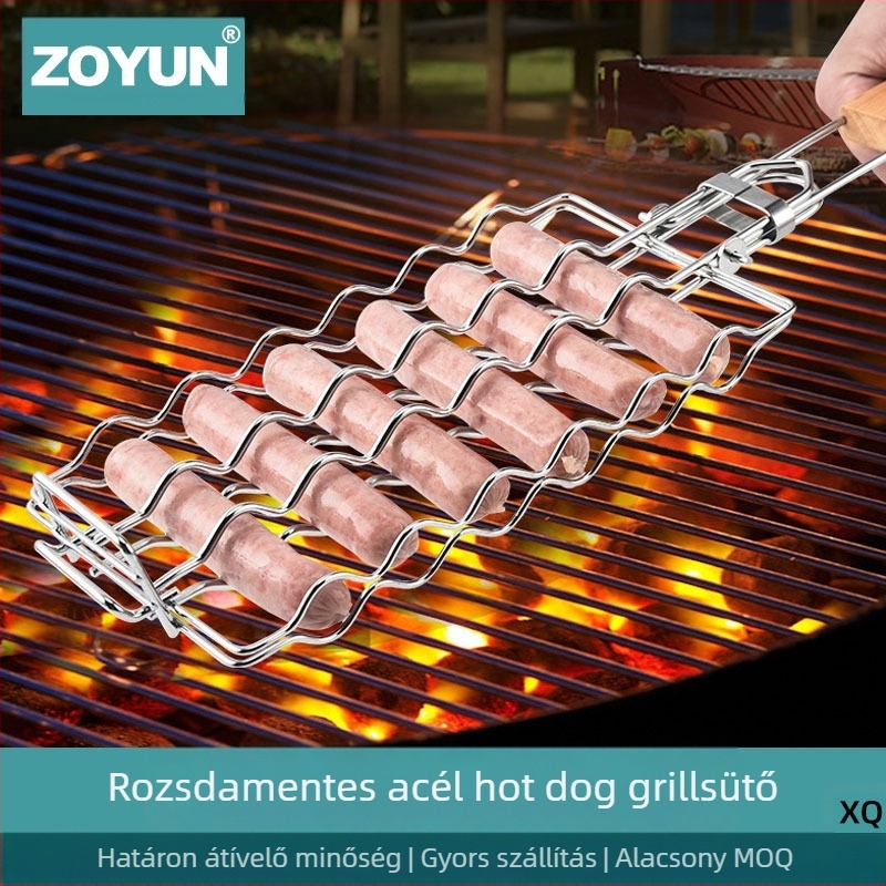 Rozsdamentes acélból készült kolbászháló, fa fogantyúval, négyszögletes forma, hordozható, összecsukható grillszerszám