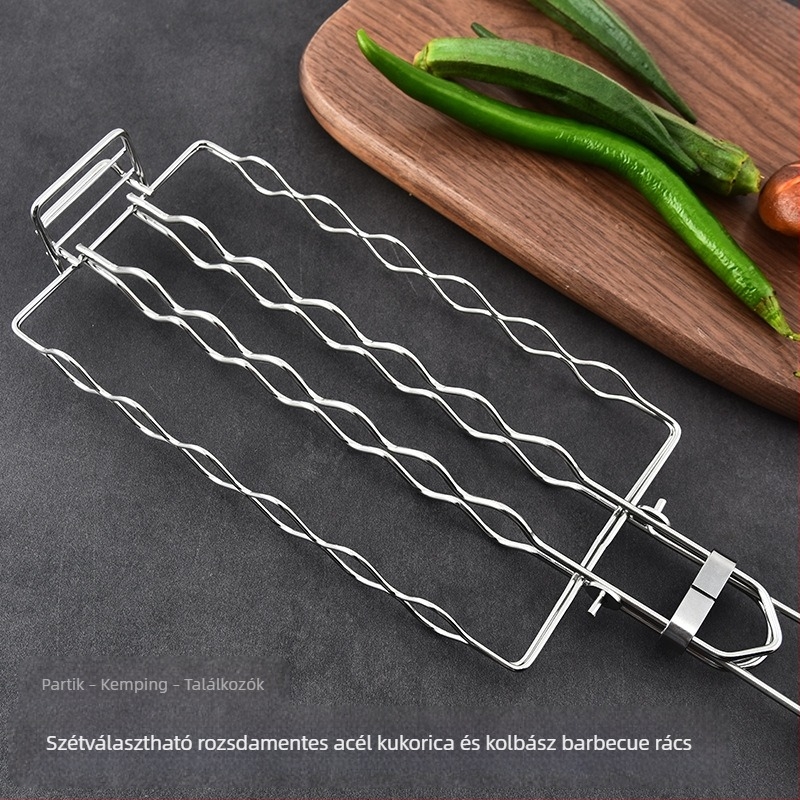 Rozsdamentes acélból készült kolbászháló, fa fogantyúval, négyszögletes forma, hordozható, összecsukható grillszerszám