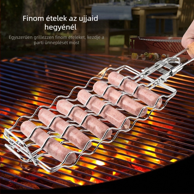 Rozsdamentes acélból készült kolbászháló, fa fogantyúval, négyszögletes forma, hordozható, összecsukható grillszerszám