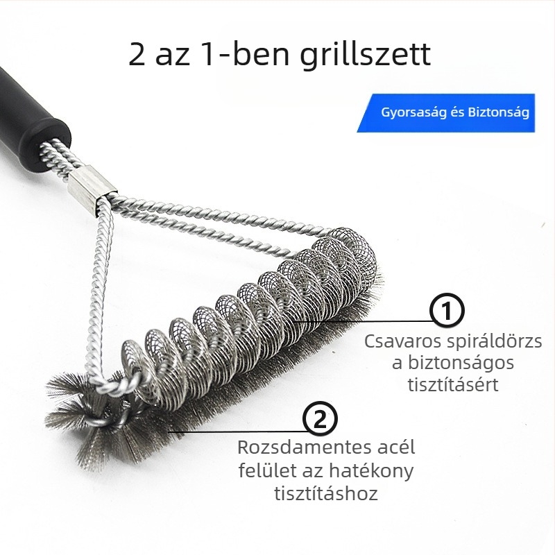 Kétfunkciós grillsütő tisztító ecset acélhuzal és rugó sörtével, PP markolat, 50 darabos csomag
