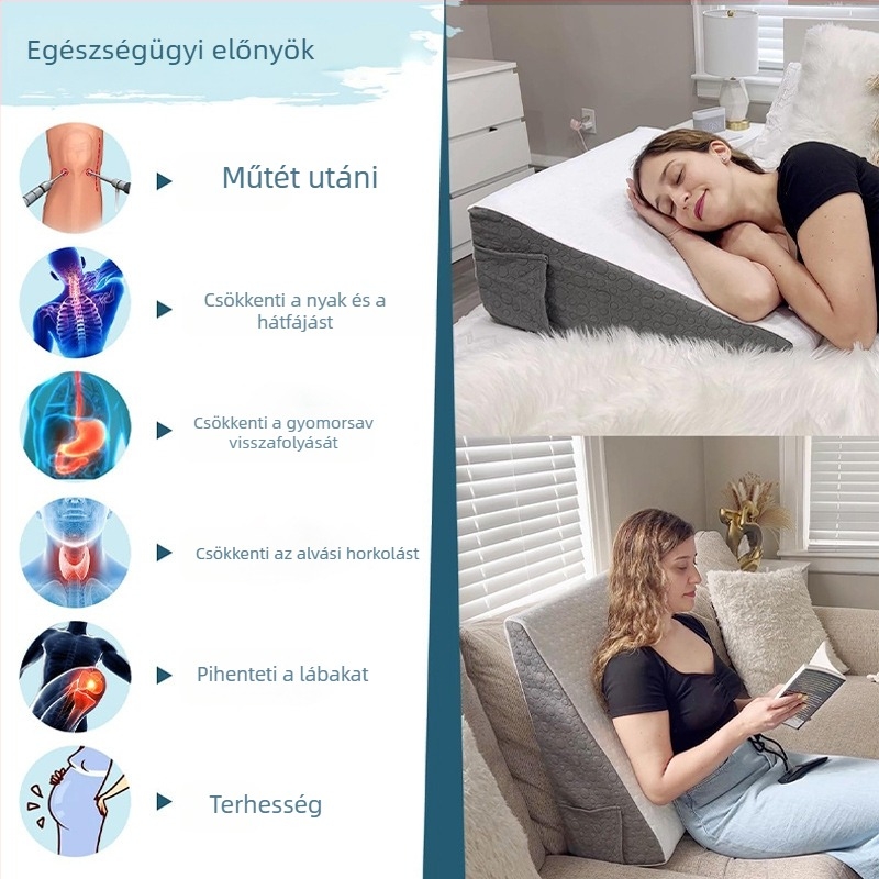 Háromszög alakú memóriahabos ágy melletti párna hátul támasztékkal, egy személyre; huzat kötött; magasság 20.1-25 cm; tömeg 1.55-2.00 kg