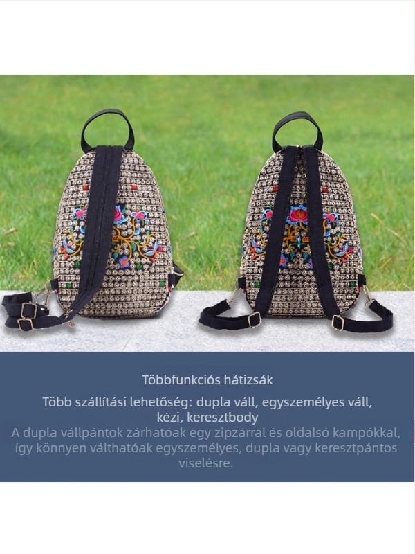 Női vászon hátizsák retro hímzéssel és Yunnan etnikus mintával, többfunkciós utazótáska (20-35L, ultrakönnyű)