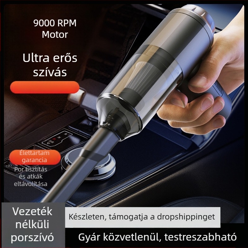 Autóba illeszthető hordozható porszívó vezeték nélküli töltéssel, 9000 Pa szívóerő, 35W, 7.4V