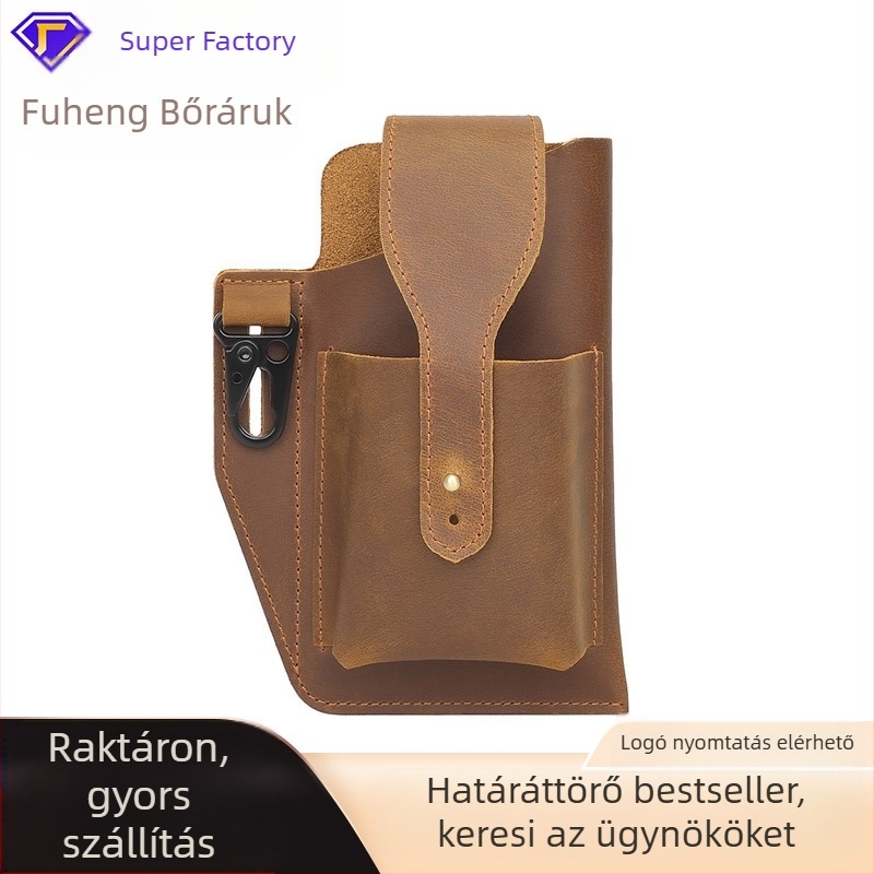 Férfi bőr telefon táska, taktikai derékszíjra akasztható, függőleges négyzetes formájú, kulcstartó rekesz, modell 8467.