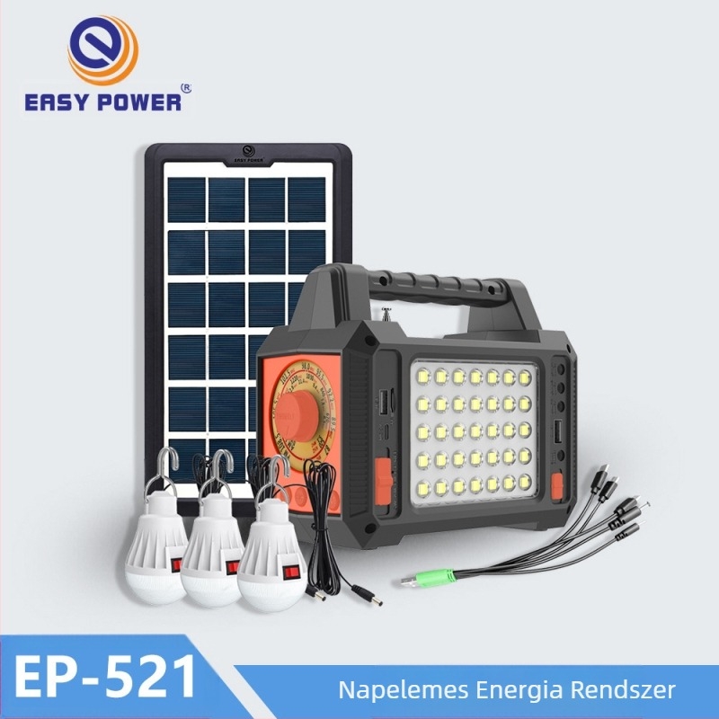 Kültéri napelemes világító rendszer sürgősségi többsávos rádióval, zseblámpával, Bluetooth-lejátszással és energiatárolással (EASYPOWER, CE tanúsítvány, energiaellátás: egyéb energiaforrások)
