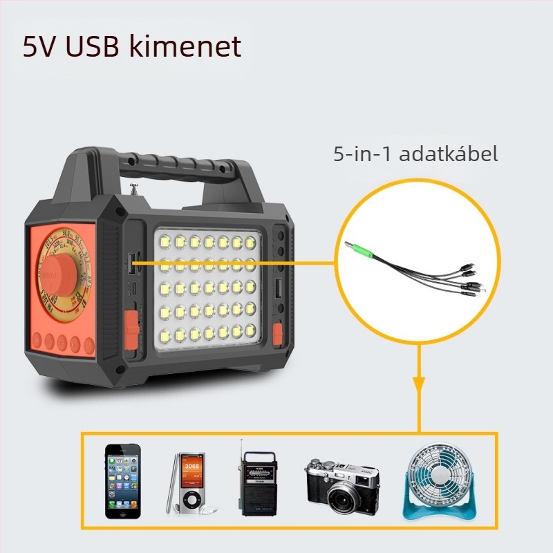 Kültéri napelemes világító rendszer sürgősségi többsávos rádióval, zseblámpával, Bluetooth-lejátszással és energiatárolással (EASYPOWER, CE tanúsítvány, energiaellátás: egyéb energiaforrások)