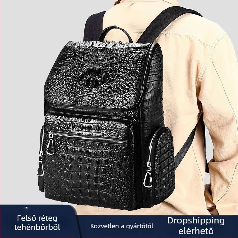 Uniszex valódi bőrből készült laptop hátizsák, 20–35L kapacitás, kompatibil 15 hüvelykes laptophoz, ívelt vállpánt, üzleti utazási stílus