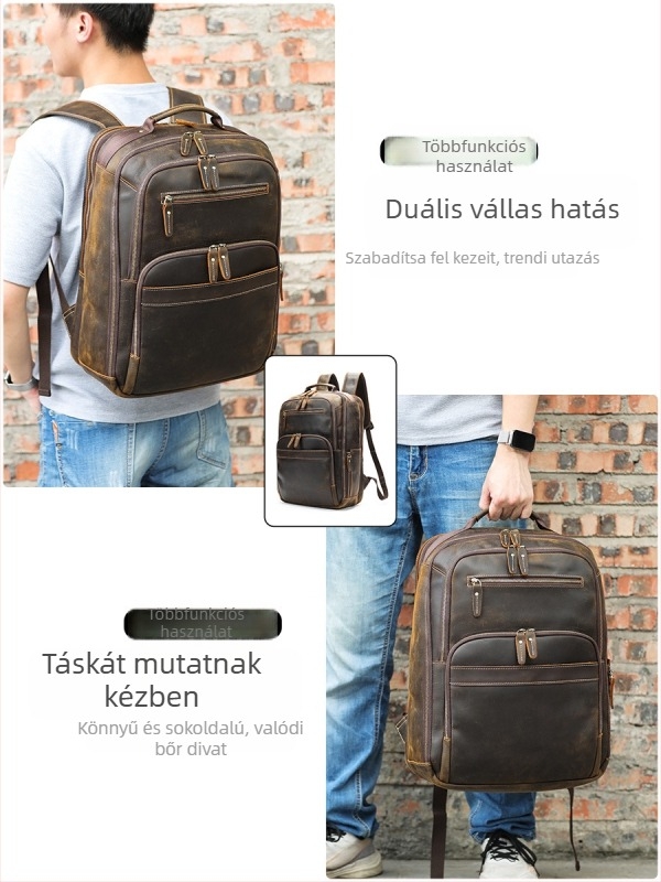 Férfi retro bőrtáska hátizsák – első réteg tehénbőrből, kapacitás alatt 20 L, 16 hüvelykes laptophoz, légpárnás vállpántok