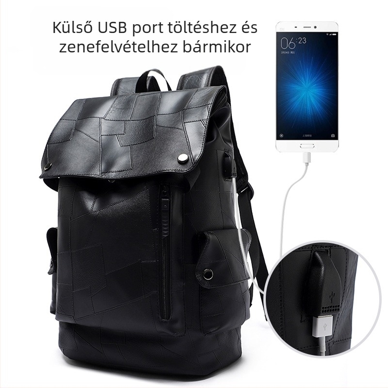 Férfi PU laptop hátizsák üzleti utazáshoz, kapacitás 20-35L, légpárnás vállpánt, poliészter bélés, terheléscsökkentő kialakítás