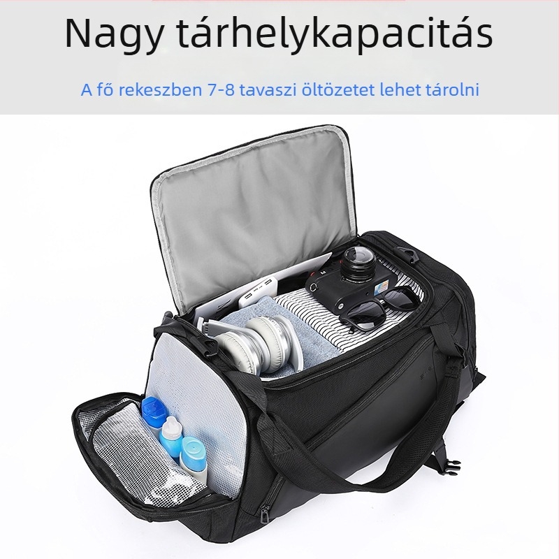 Száraz–nedves elválasztással használható utazó- és edzőtáska, nejlon anyagú, vízálló, kapacitás 36-55L, uniszex