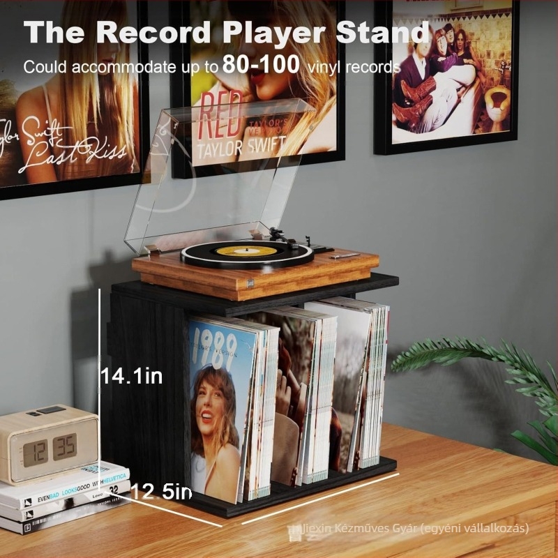 Szilárdfa vinyl lemez tároló állvány falra szívó rögzítéssel, 1 szint, nappaliba, egyszerű és modern stílus