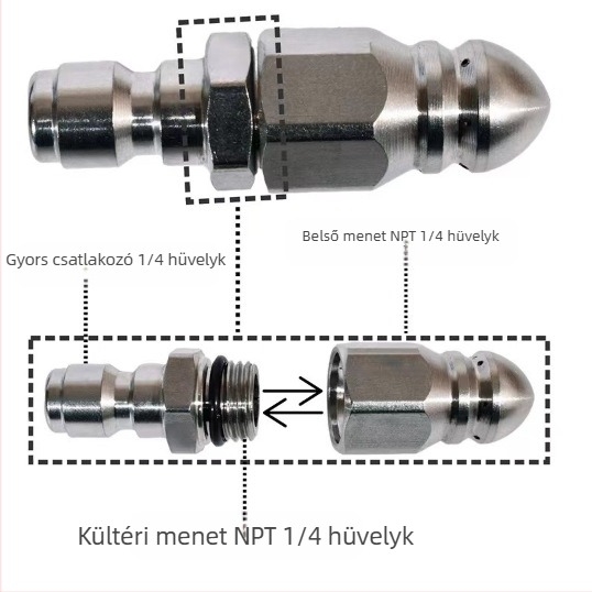 Rozsdamentes acél csatornatisztító fúvóka, nagy nyomású, 1/4 gyorscsatlakozás, elöl-hátul hatlyukú, 5000 psi