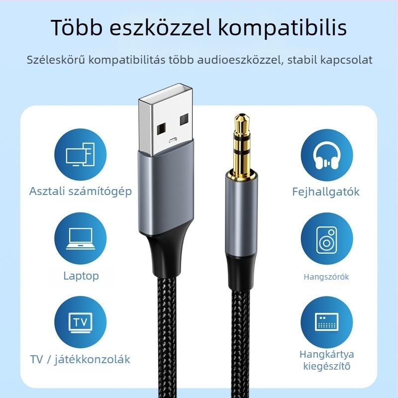 USB-hoz 3,5 mm audiokábel PC-hez – nikkel bevonat, nylon mag, réz vezető, súly 0,03 kg