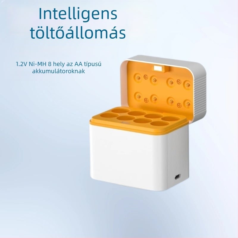 8 rekeszes intelligens flip töltő AA NiMH akkukhoz, Type-C port, 5V DC kimenet 2A