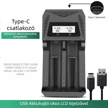 Két rekesz USB töltő Type-C interfésszel, intelligens töltés AA/AAA és 18650/26650/21700/14500/16340/18500/16650 akkumulátorokhoz; bemenet DC5.0V; kimenetek 4.2V 1A és 1.2V 1A.