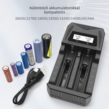 Két rekesz USB töltő Type-C interfésszel, intelligens töltés AA/AAA és 18650/26650/21700/14500/16340/18500/16650 akkumulátorokhoz; bemenet DC5.0V; kimenetek 4.2V 1A és 1.2V 1A.