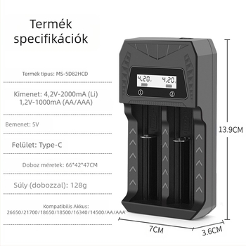 Két rekesz USB töltő Type-C interfésszel, intelligens töltés AA/AAA és 18650/26650/21700/14500/16340/18500/16650 akkumulátorokhoz; bemenet DC5.0V; kimenetek 4.2V 1A és 1.2V 1A.