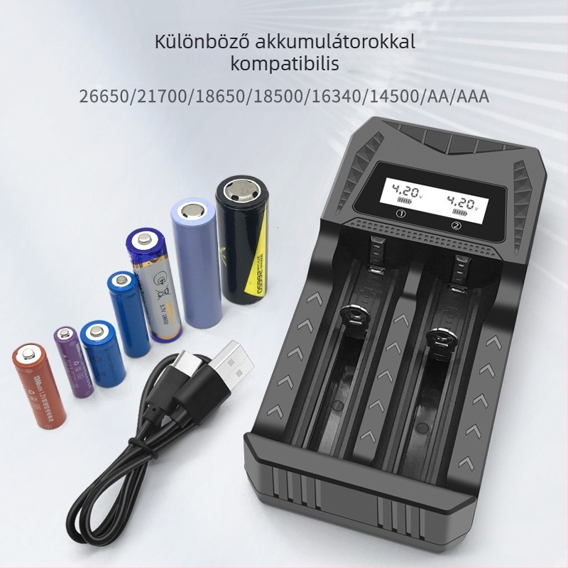 Két rekesz USB töltő Type-C interfésszel, intelligens töltés AA/AAA és 18650/26650/21700/14500/16340/18500/16650 akkumulátorokhoz; bemenet DC5.0V; kimenetek 4.2V 1A és 1.2V 1A.