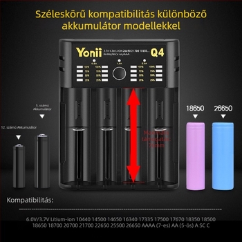 4-szlotos független USB Li-ion akkumulátor töltő 18650/21700/26650-hoz — bemenet 5V2A, slotonként 4.2V (2A/1A/0.5A/0.5A) kimenet, Q4 sorozat, CE/FCC/ROHS