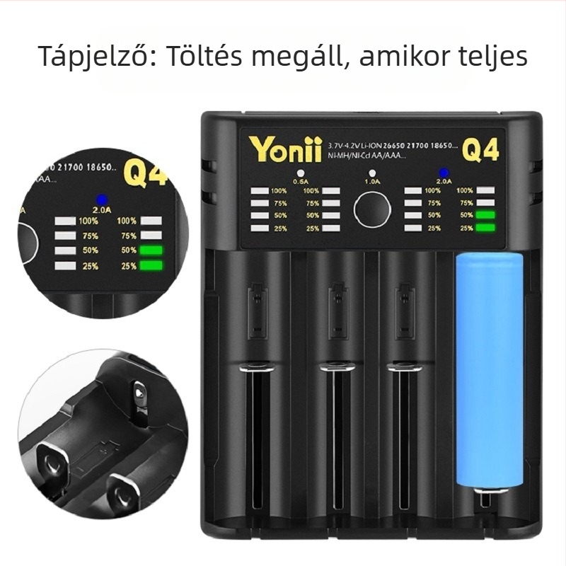 4-szlotos független USB Li-ion akkumulátor töltő 18650/21700/26650-hoz — bemenet 5V2A, slotonként 4.2V (2A/1A/0.5A/0.5A) kimenet, Q4 sorozat, CE/FCC/ROHS