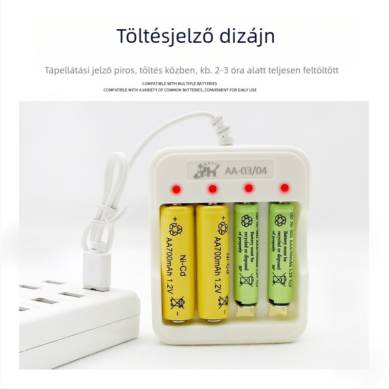 No.5/7 akkumulátortöltő 0904, bemenet 5V 1–2A, kimenet 1.2V 0.25A, CE tanúsított