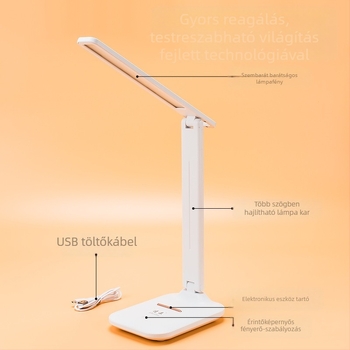 Hajlíkony LED asztali lámpa érintéses fényerő-szabályozással, szembarát világítás olvasáshoz és tanuláshoz, USB-tápellátás, éjjeli, tanulási és környezeti fény módok