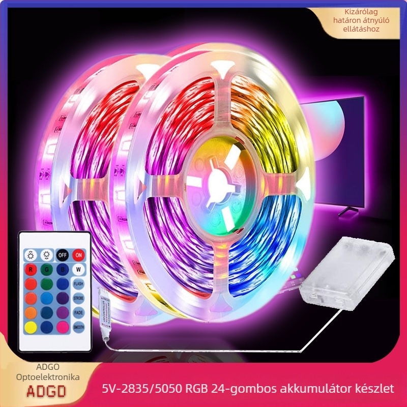 RGB LED szalag 24-gombos IR távirányítóval és akkumulátoros dobozzal, 5V, 30/60 LED, 120° megvilágítási szög, beltéri hangulatvilágítás