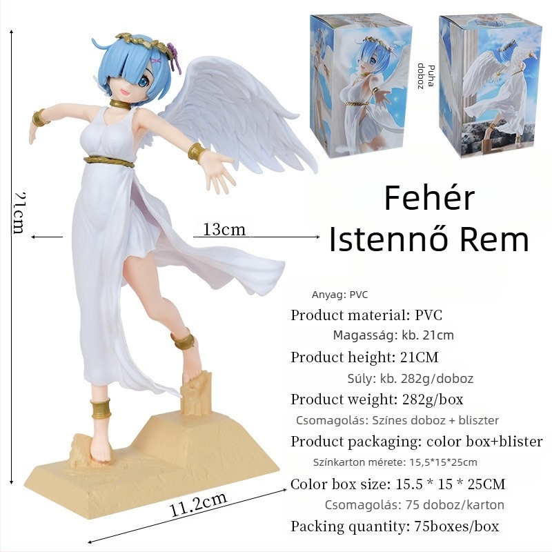 Rem álló figura a Re:Zero-ból – Angyali Istennő, környezetbarát PVC; Eredet: Kína; Csomagolás: Színes doboz; Animációs kép: Elérhető; Összeszerelés: Nem szerelhető össze