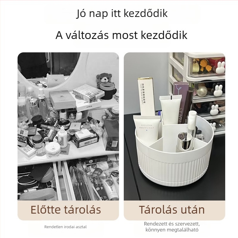 Asztali kozmetikai tároló PP műanyagból, 1L kapacitás, több rekesz a kozmetikumok számára