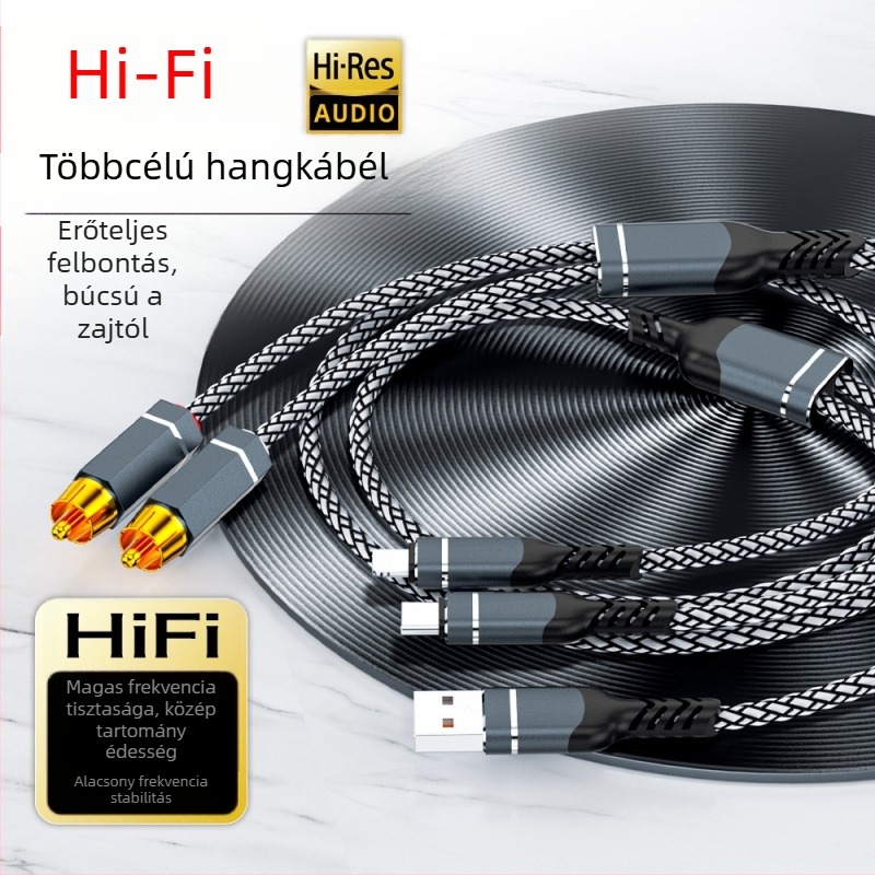 RCA audio kábel 1–2 Apple és Huawei készülékekhez, aranyozott csatlakozók, tiszta réz vezető, oxigénmentes réz, ROHS