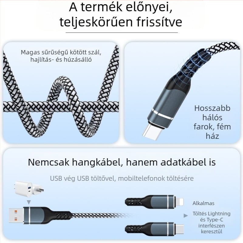 RCA audio kábel 1–2 Apple és Huawei készülékekhez, aranyozott csatlakozók, tiszta réz vezető, oxigénmentes réz, ROHS