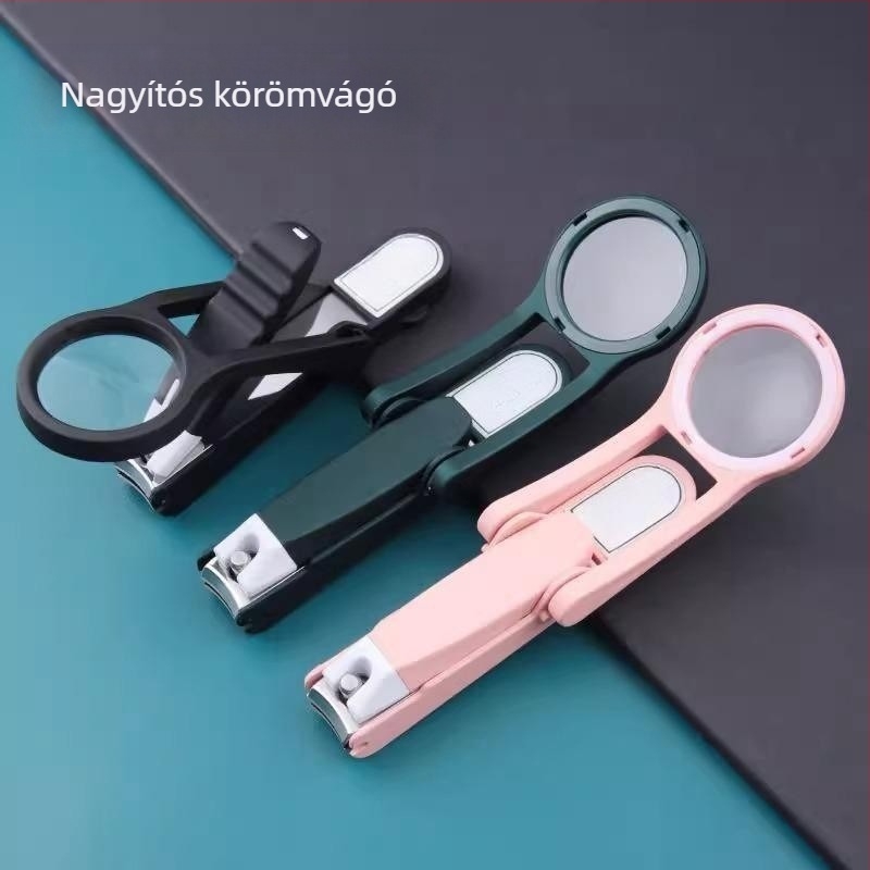 Körömcsipesz nagyítóval, cseppálló kialakítással, műanyag és rozsdamentes acél, 6 éves kortól, háztartási használatra