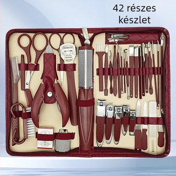 Körömápolási eszközkészlet manikűrhöz és pedikűrhöz: körömvágó, körömágycsík-csipesz, szemöldök-kés, lábreszelő és többfunkciós csipesz – szénacél, rozsdamentes acél és műanyag