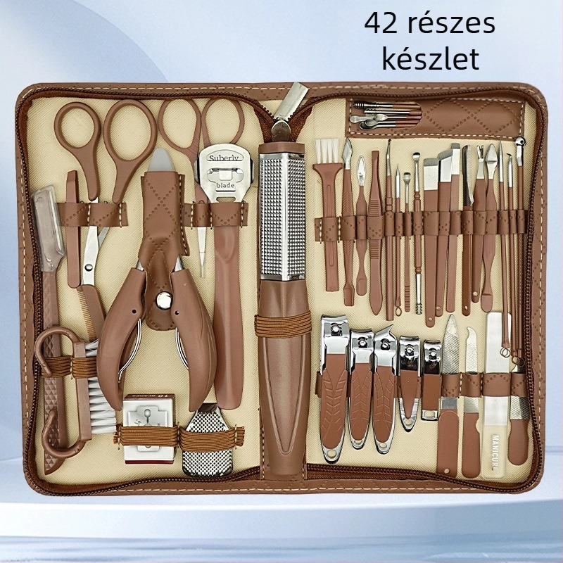 Körömápolási eszközkészlet manikűrhöz és pedikűrhöz: körömvágó, körömágycsík-csipesz, szemöldök-kés, lábreszelő és többfunkciós csipesz – szénacél, rozsdamentes acél és műanyag