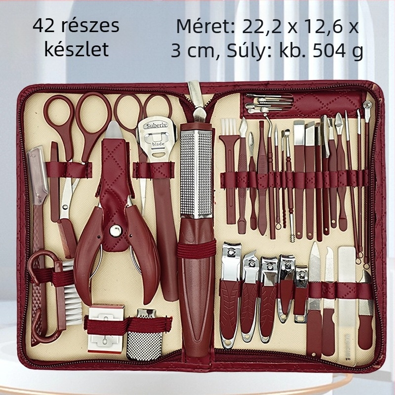 Körömápolási eszközkészlet manikűrhöz és pedikűrhöz: körömvágó, körömágycsík-csipesz, szemöldök-kés, lábreszelő és többfunkciós csipesz – szénacél, rozsdamentes acél és műanyag