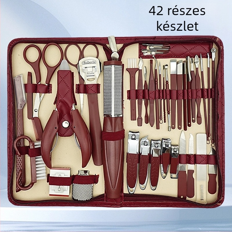 Körömápolási eszközkészlet manikűrhöz és pedikűrhöz: körömvágó, körömágycsík-csipesz, szemöldök-kés, lábreszelő és többfunkciós csipesz – szénacél, rozsdamentes acél és műanyag