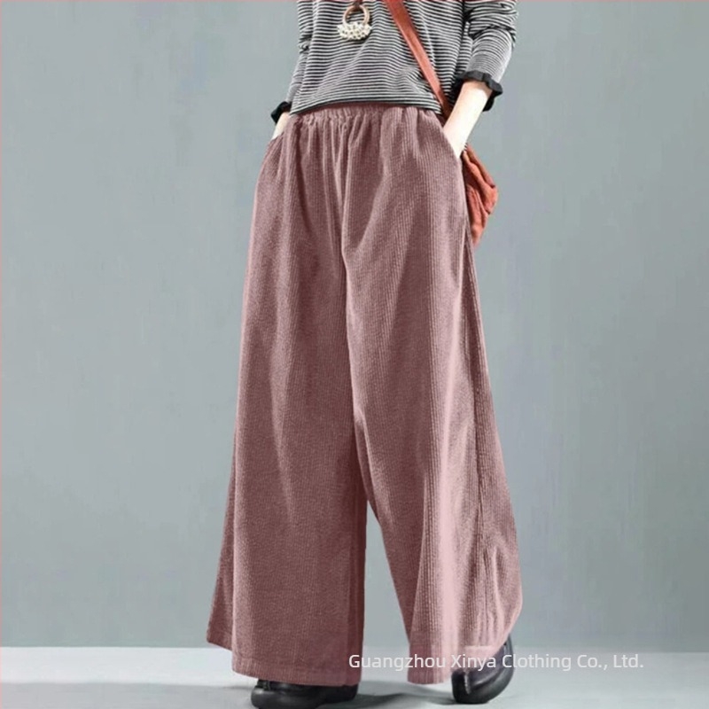 Női Corduroy széles lábú nadrág, középső derekú, laza szabású, nylon keverék