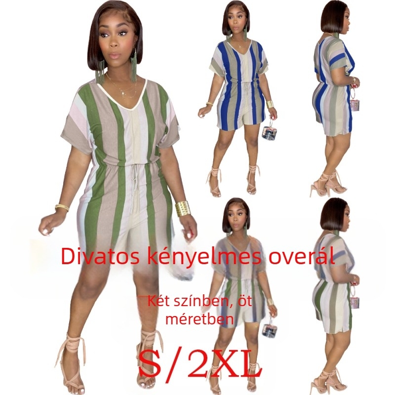 BX6037 Csíkos női overál, magas derék, cropped nadrág, casual stílus, poliészter keverék, mikroelasztikusság