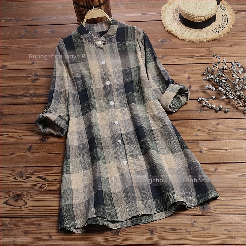 Kockás pamut-len kardigán-ing, V-nyakú, hosszú ujjú, laza fazon