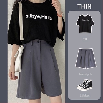 Női kosztümnadrág – magas derekú, hot pants hossz, koreai stílusú egyenes szabás, anyag: spandex és sifon