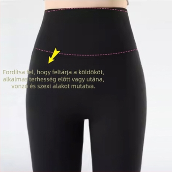 Anyasági és szülés utáni nadrág hasi támasztással, vastag anyag, mikroelasztikus, poliészter 30–50% arányban, szoros fazon