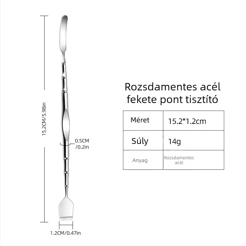 Fekete miteszerek tisztító eszköz — rozsdamentes acél; tartalmaz mitesszer-kanalat és kaparót; súly 33 g; csomagolás 500 db; márka Emperor light