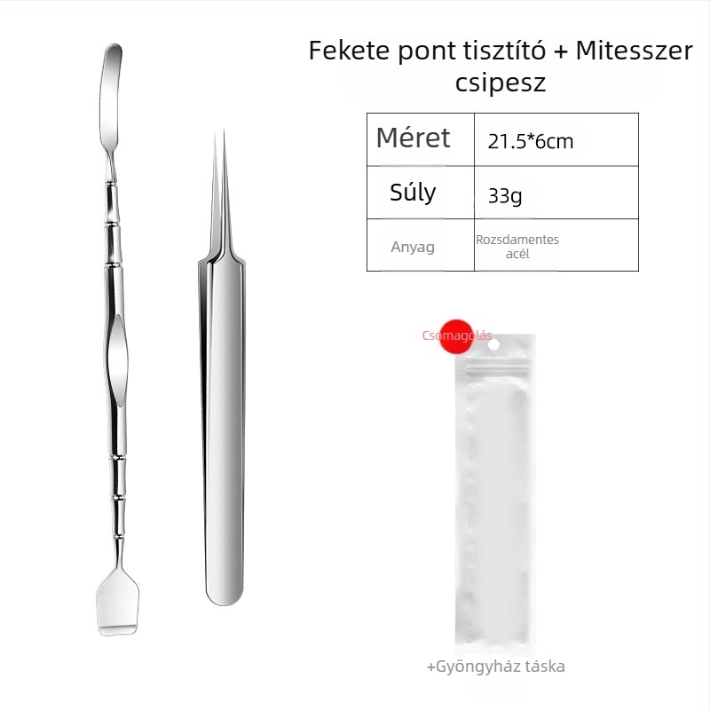 Fekete miteszerek tisztító eszköz — rozsdamentes acél; tartalmaz mitesszer-kanalat és kaparót; súly 33 g; csomagolás 500 db; márka Emperor light